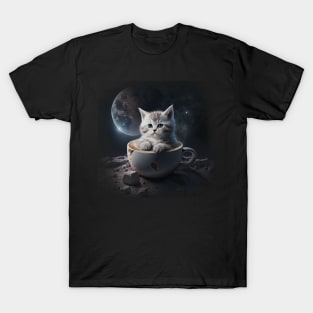 Kitten Cat in the Coffee Mug Space & Galaxy Theme Stars T-Shirt